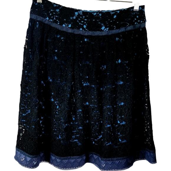 Sundance Black Eyelet Lace Overlay Blue Midi Skirt Size 6 - Picture 2 of 6